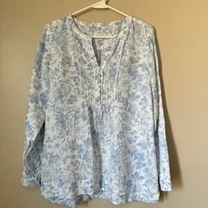 J Jill Love Linen Blouse Womens XS Floral Lightweight Cottage Boho Summmer Blue